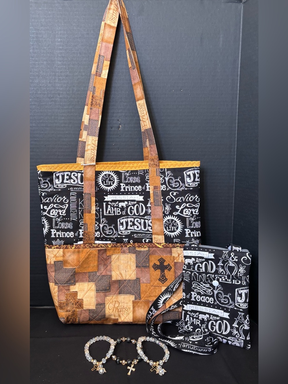 Faith-Inspired Patchwork Tote w/Scripture Print & Phone Pouch W/Glass bracelets